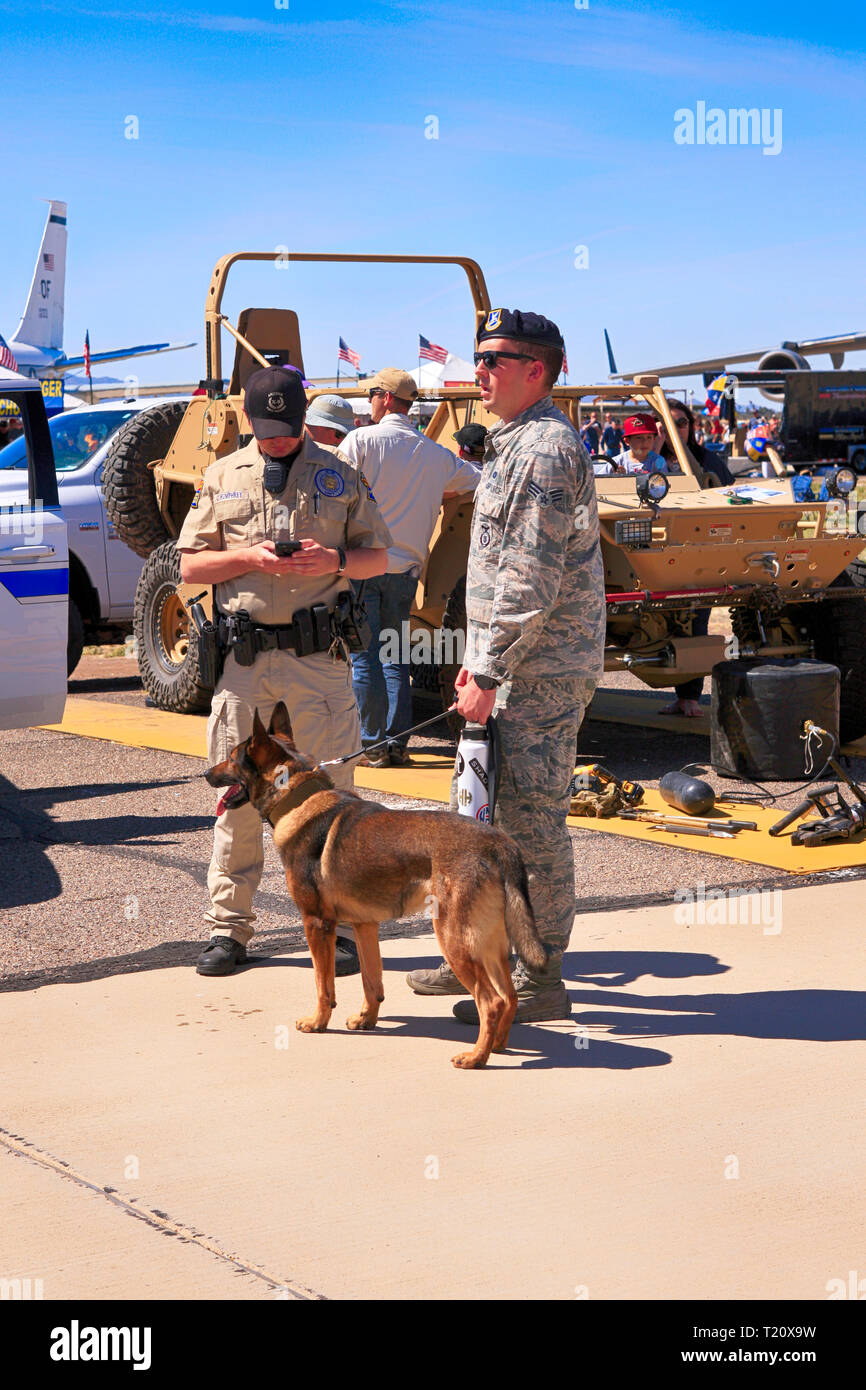 USAF Military Police K-9 unit patrol the Davis-Monthan AFB in Tucson, AZ Stock Photo