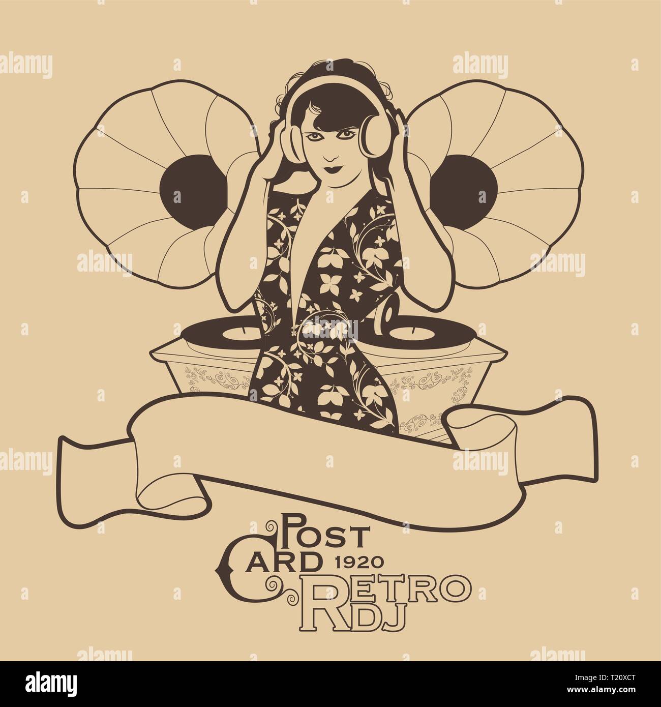 Vintage PostCard. DJ Woman retro style with headphones among vintage