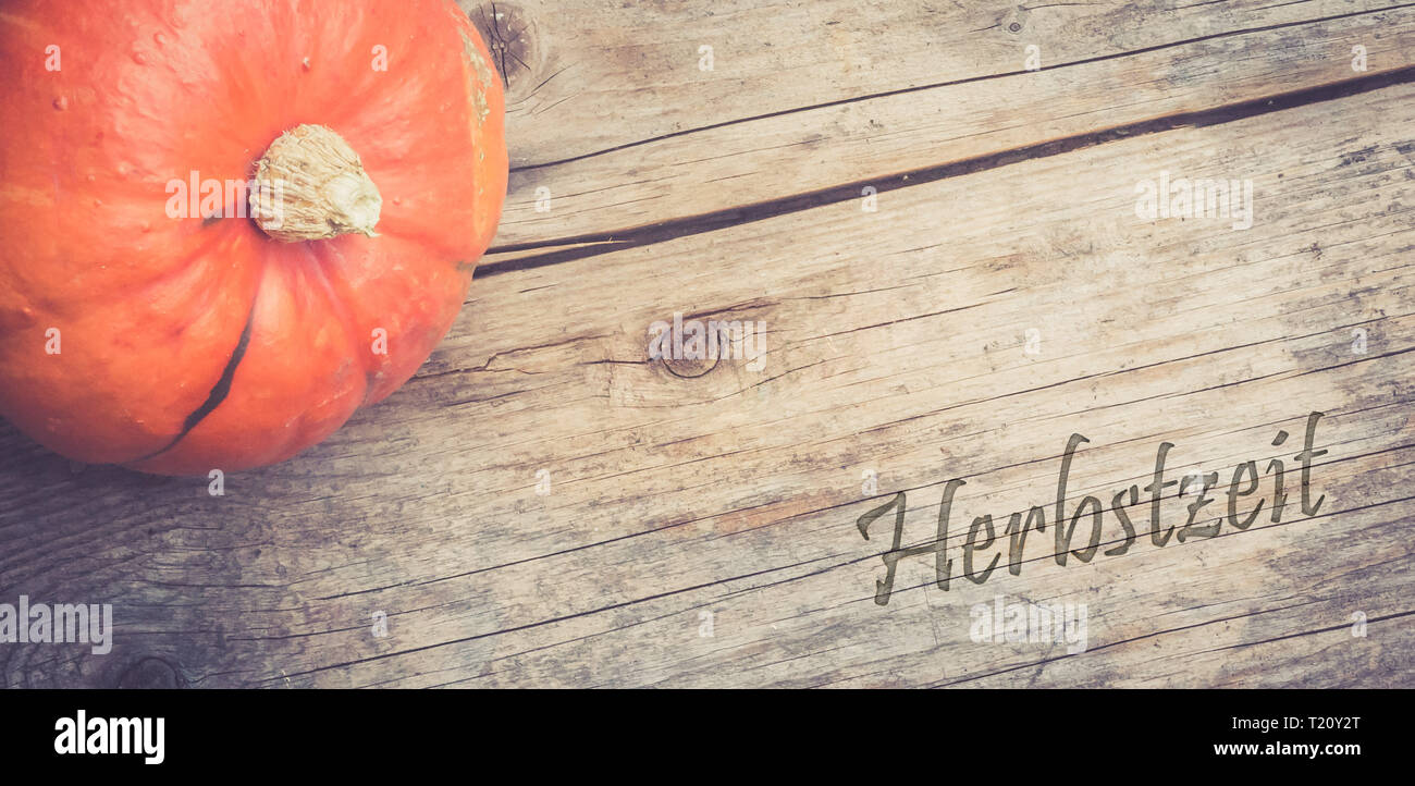 Orange pumpkin is lying on a rustic wooden table. 'Herbstzeit' Stock Photo