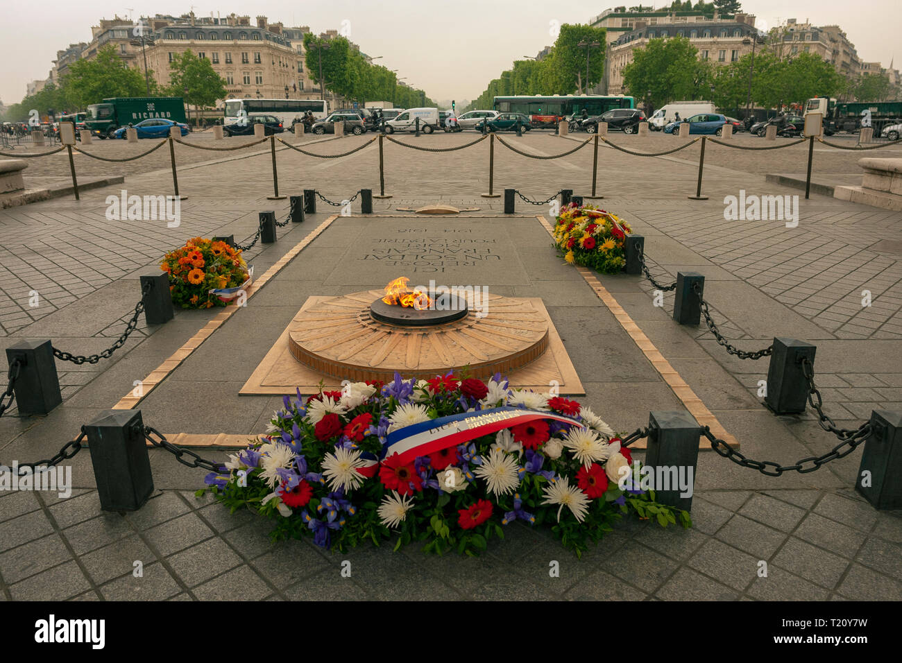 Grave of the unknown soldier and eternal flame at Arc de Triomphe Paris France Stock Photo