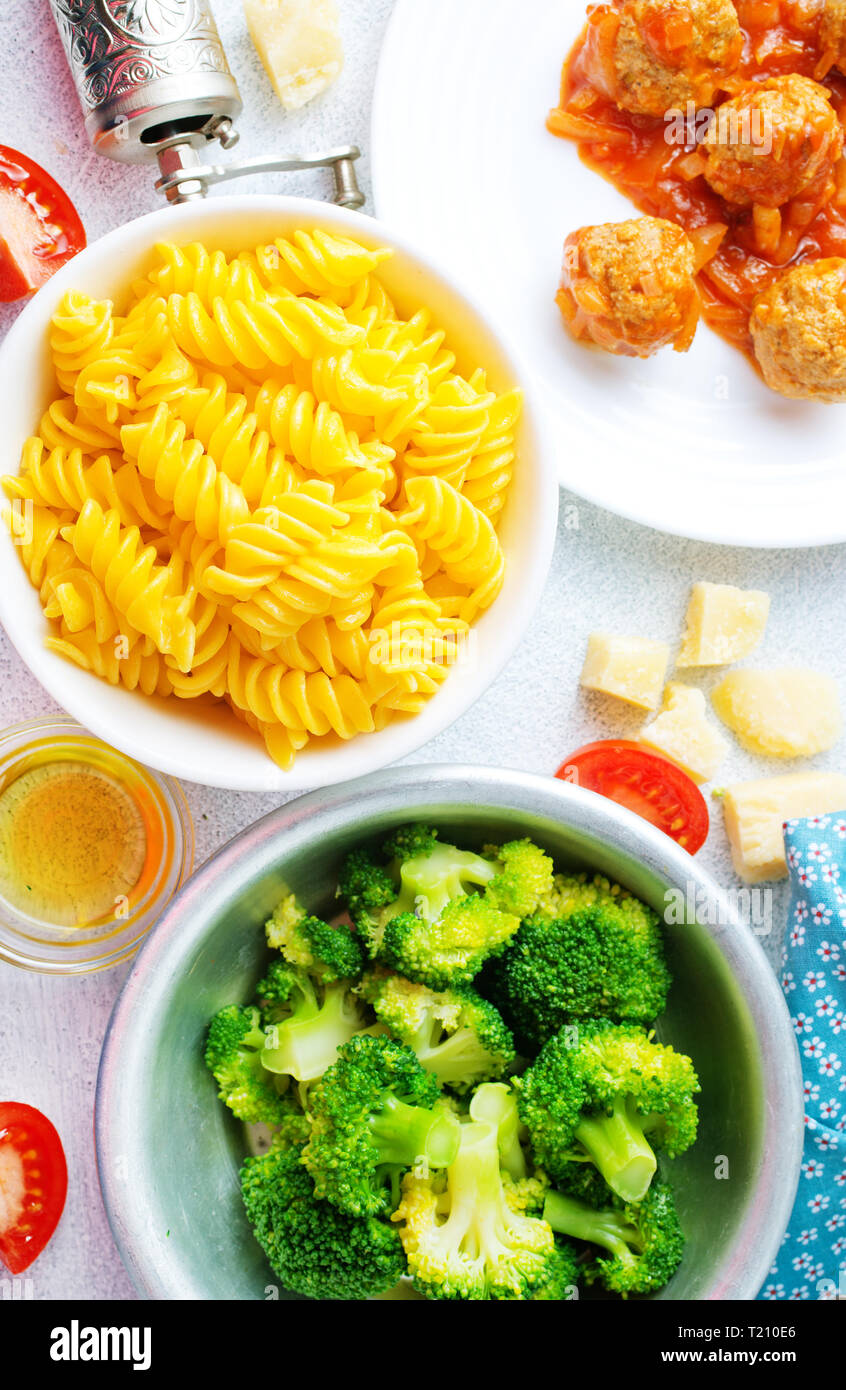 ingredients for pasta, pasta and broccoli, pasta and meatballs Stock