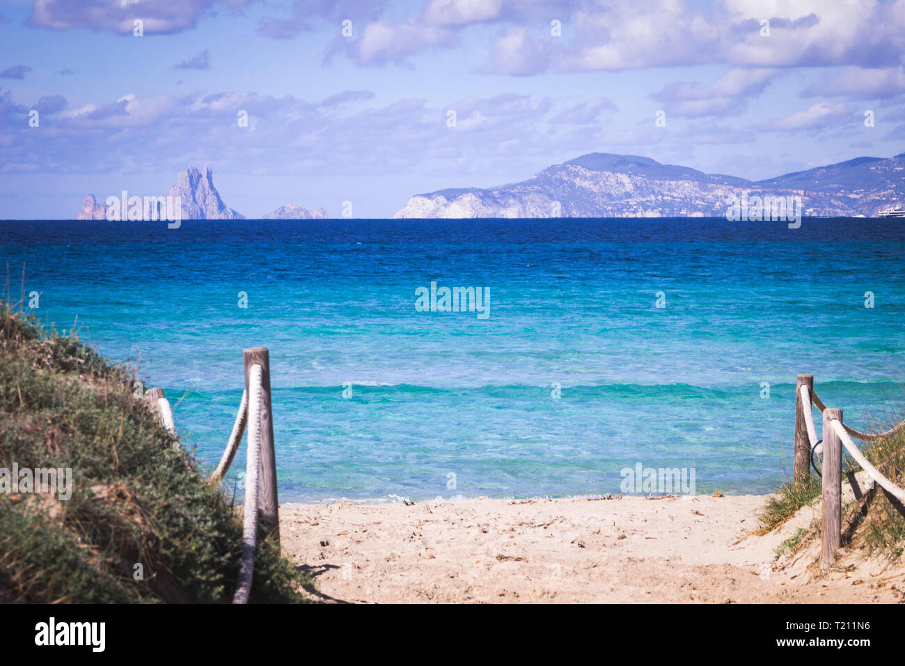 Es Vedra, Island in front of Ibiza, seen from Playa de Llevant, Formentera Stock Photo