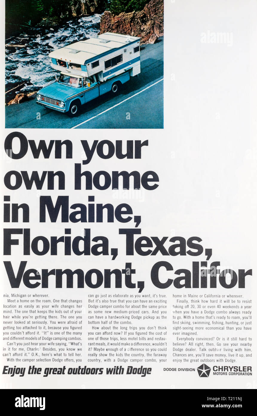 A 1966 magazine advertisement advertising Dodge campers. Stock Photo