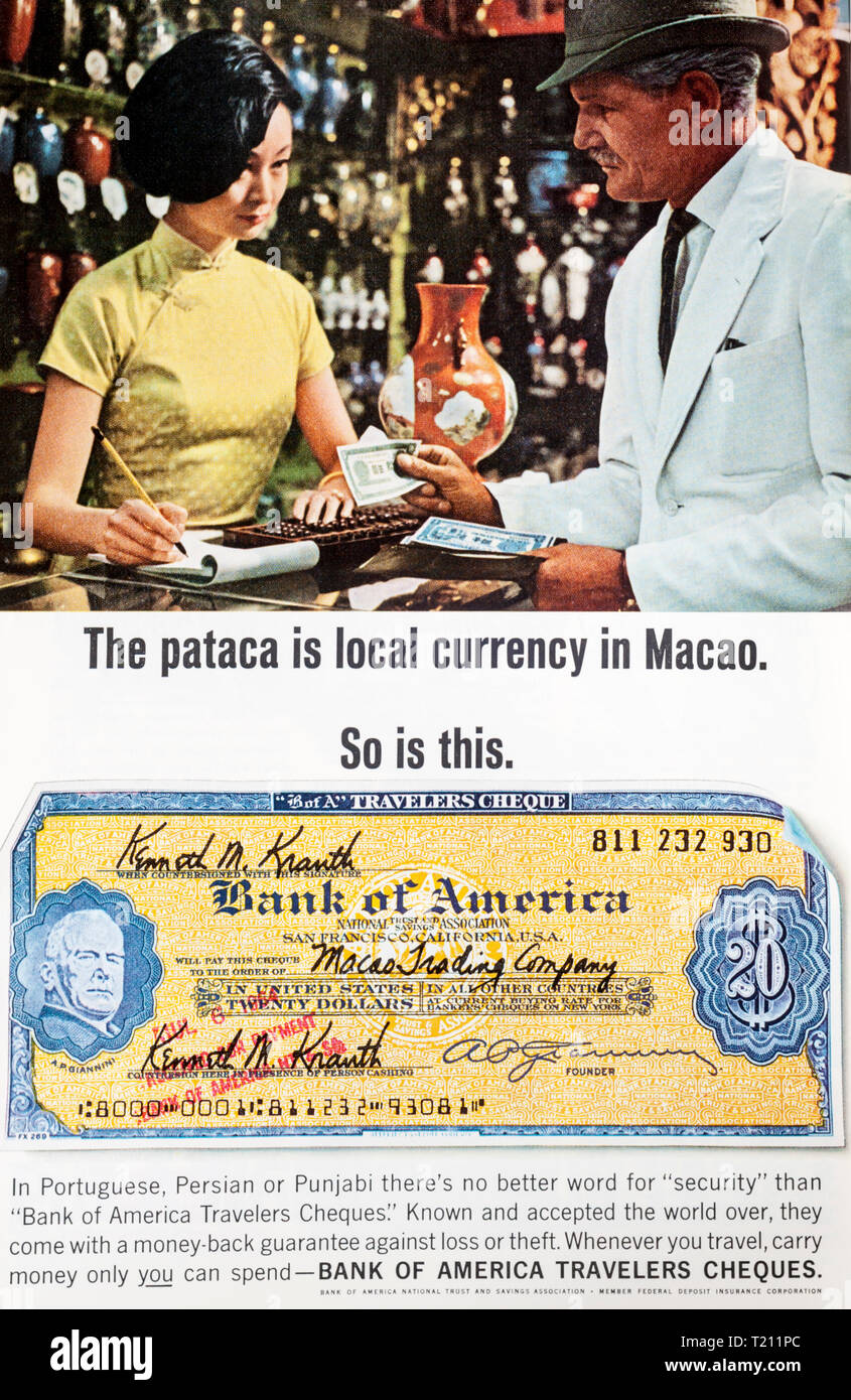 1966 magazine advert advertising Bank of America Travellers Cheques. Stock Photo