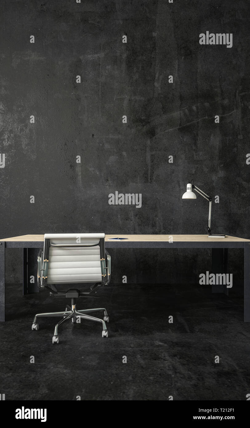 Dark Room With Lamp On Empty Desk And White Office Chair On Wheels