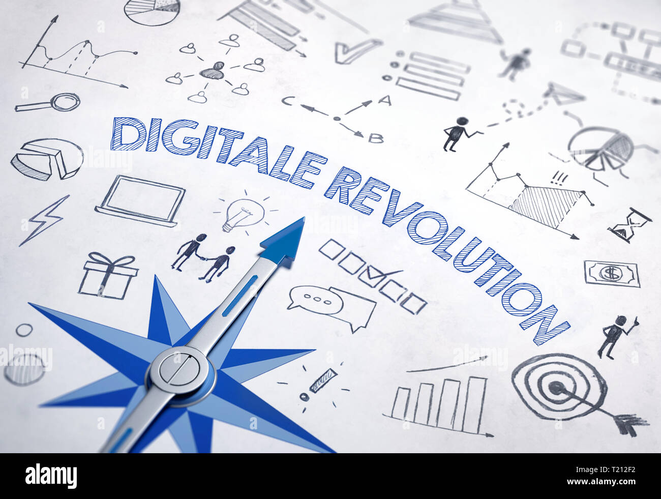 Digitale Revolution German For Digital Revolution Written In Bold Blue Font In An It Design With Compass And Various Sketches 3d Rendering Stock Photo Alamy