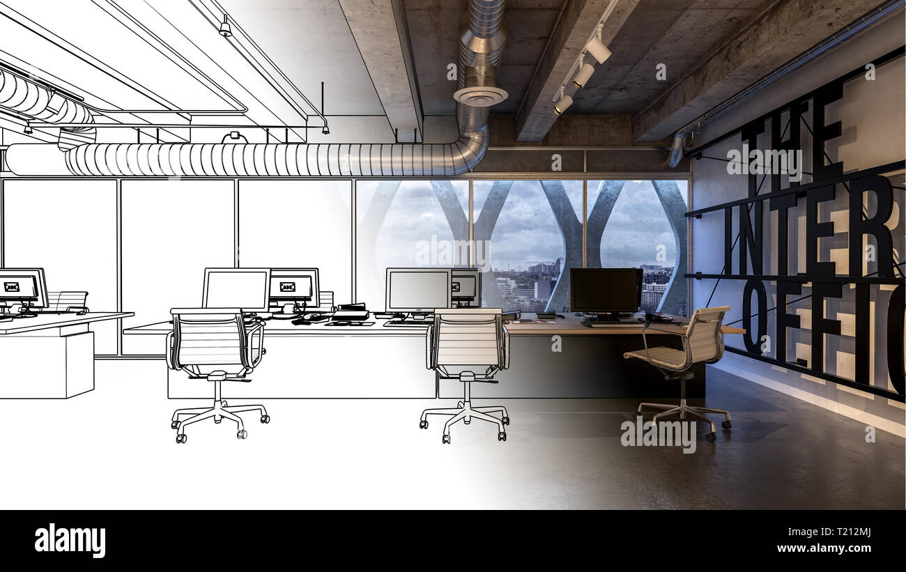 Office Interior Concept 3d Model With Half Of Image In Black
