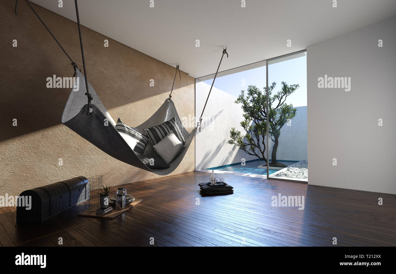 Hammock Hanging From The Ceiling In A Minimalist Living Room In A