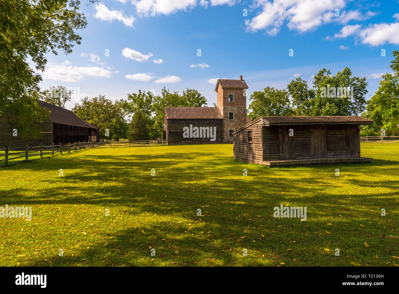 August 28, 2017. Wide angle photo of barn and stable in historic Batsto