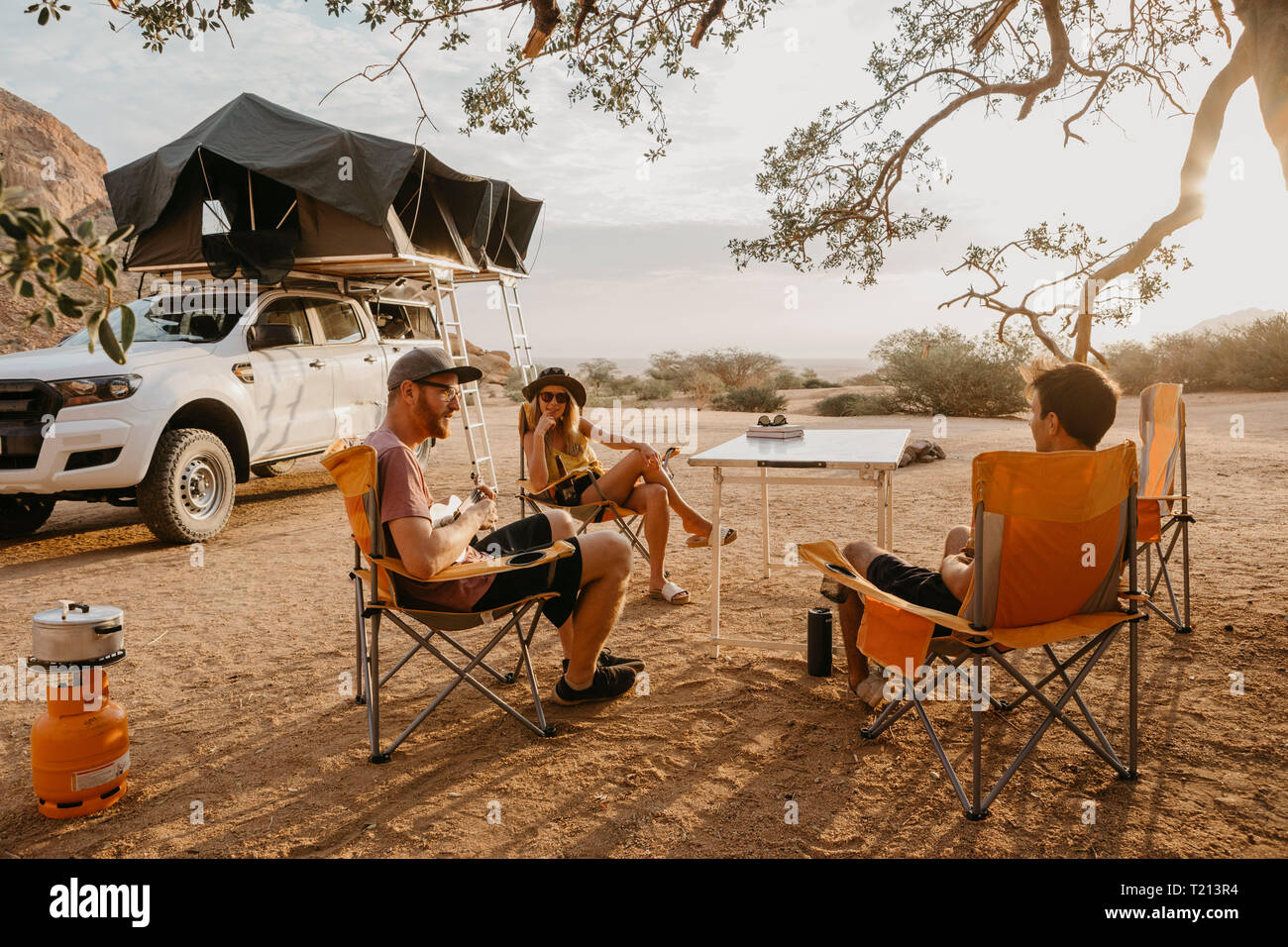 Namibia, friends camping near Spitzkoppe Stock Photo