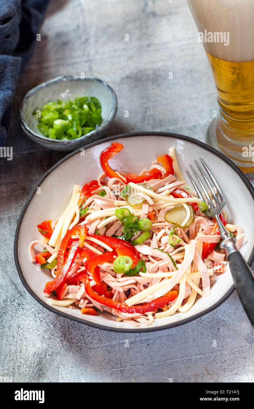 Sausage salad with cheese, red bell pepper, spring onions and gherkins Stock Photo