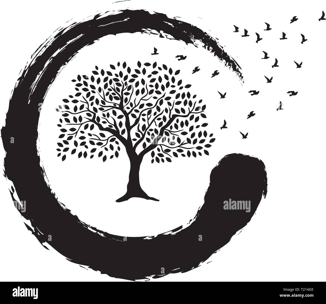 tree, birds and zen symbol Stock Vector