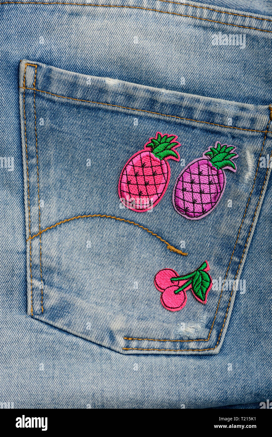 Pink fruit embroidered patches Stock Photo