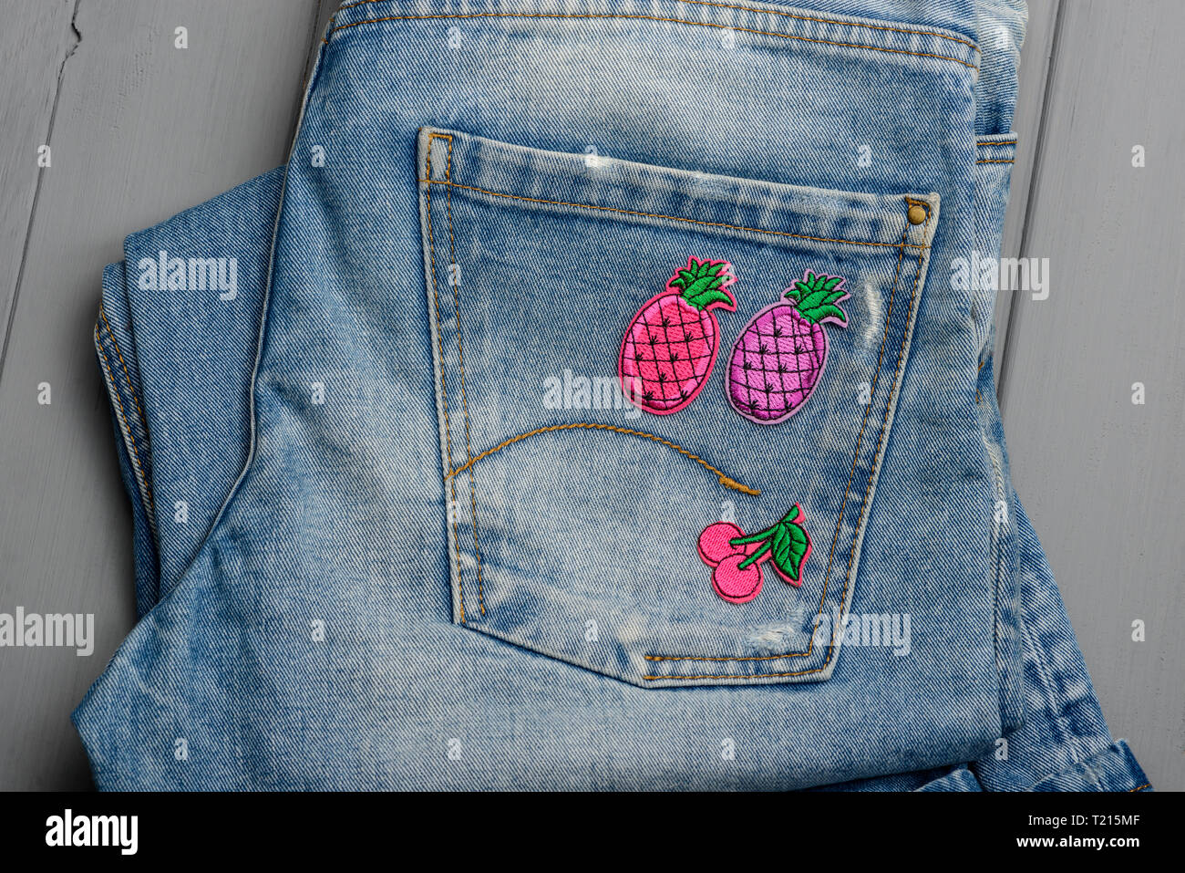 Pink fruit embroidered patches Stock Photo