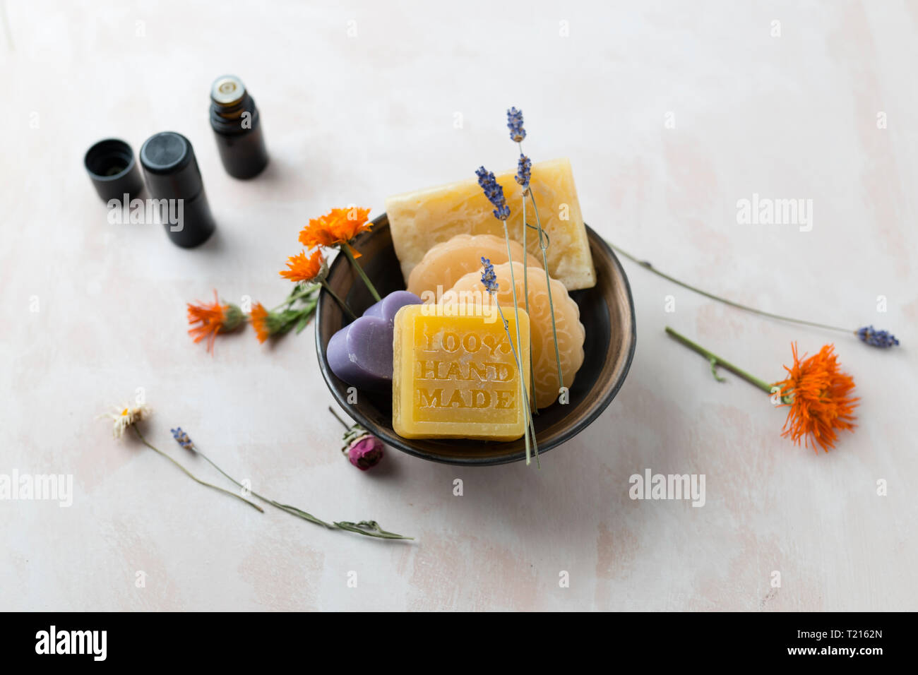Various glycerin soaps with caustic soda Stock Photo