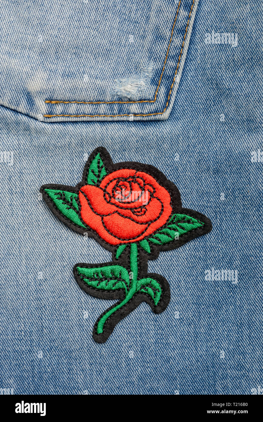 Red rose embroidered patch Stock Photo