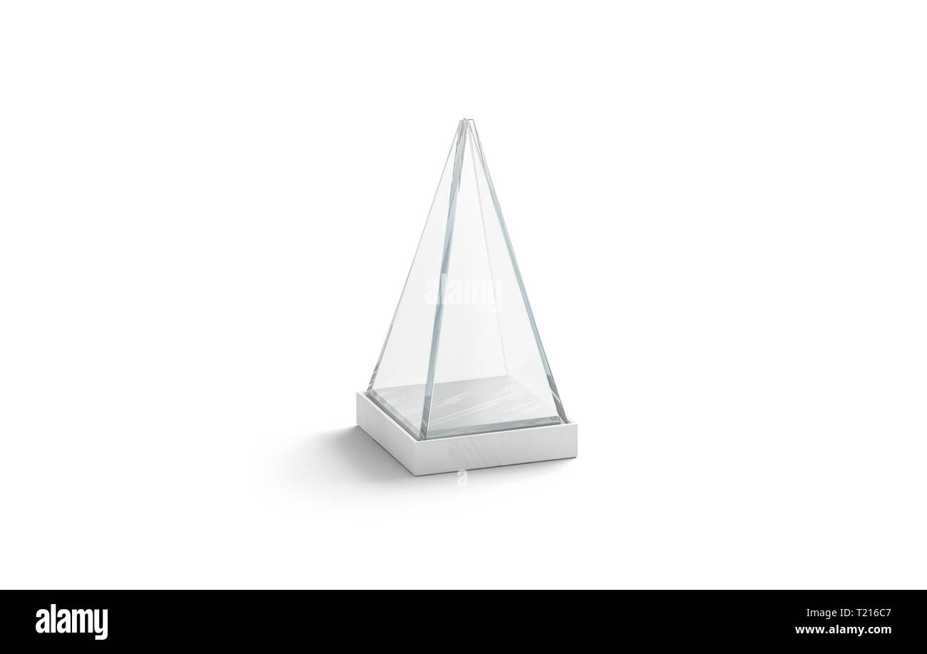 Blank white glass showcase pyramid mock up, isolated, 3d rendering. Empty plexi stand podium mockup. Clear acrylic box for boutique or museum installation template. Stock Photo