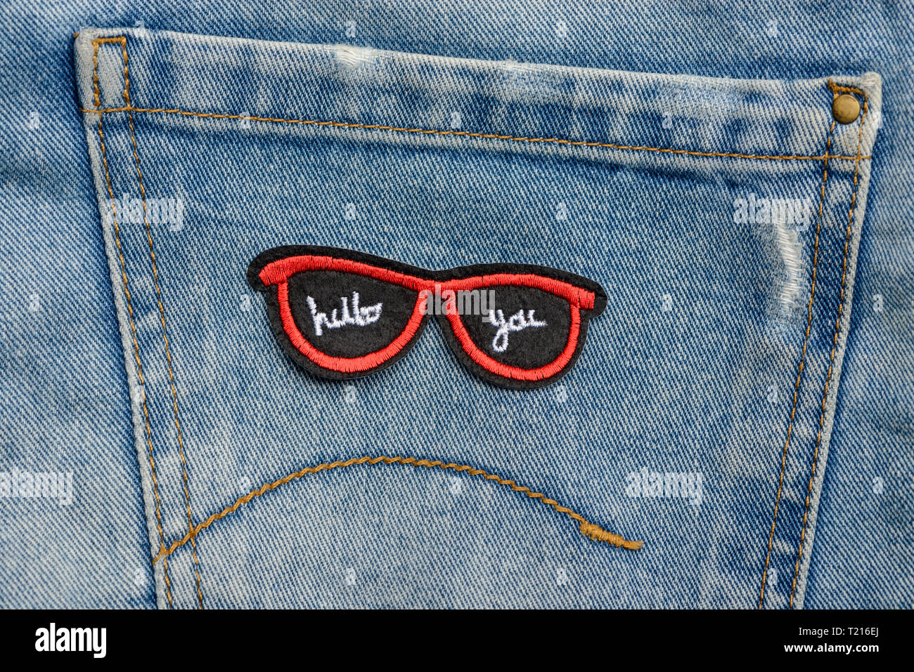 Red sunglasses embroidered patch Stock Photo