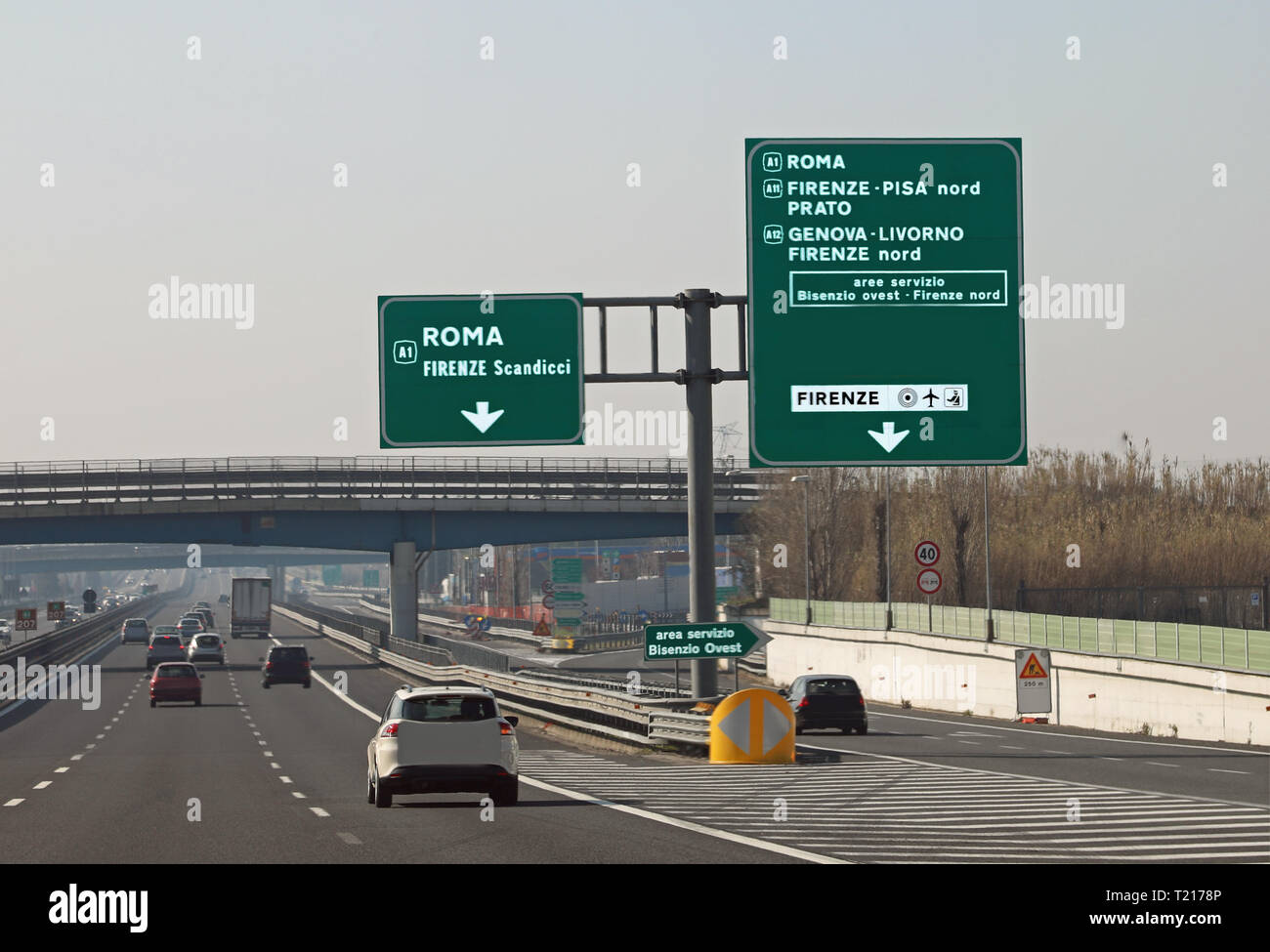 road junction in the italian motorway and indication to ROME FLORENCE and more italian place Stock Photo