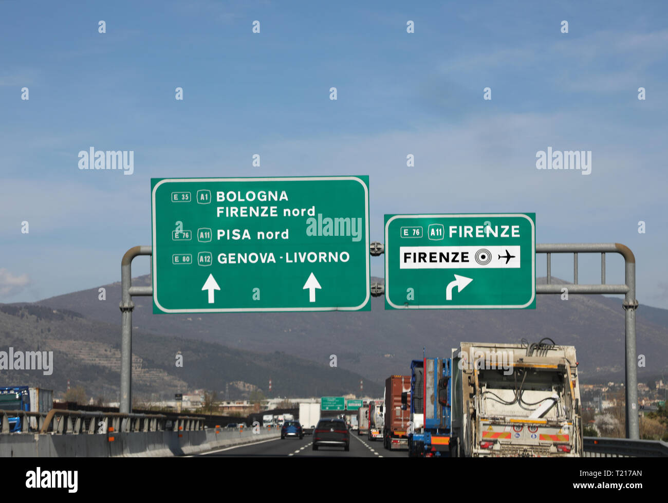 Big traffic signs in tuscany near Florence and many trucks Stock Photo Alamy