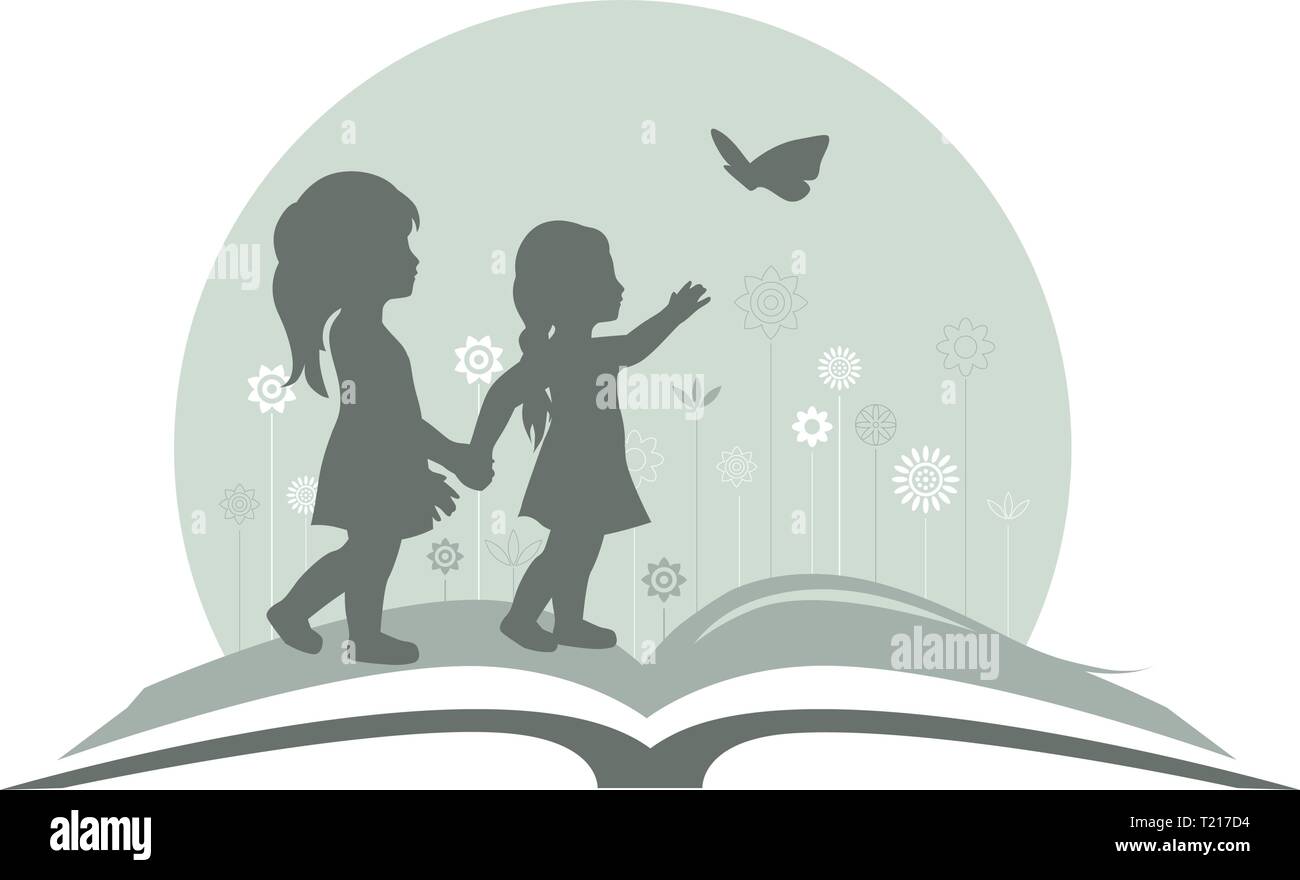 open book, fantasy garden and two little girls Stock Vector