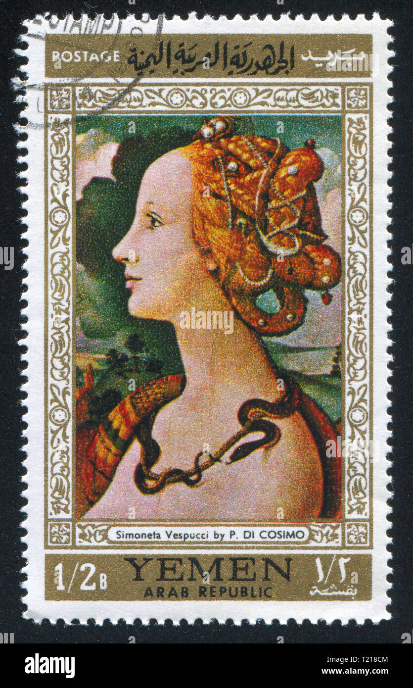 YEMEN - CIRCA 1968: stamp printed by Yemen, shows Simoneta Vespucci by Di Cosimo, circa 1968 Stock Photo