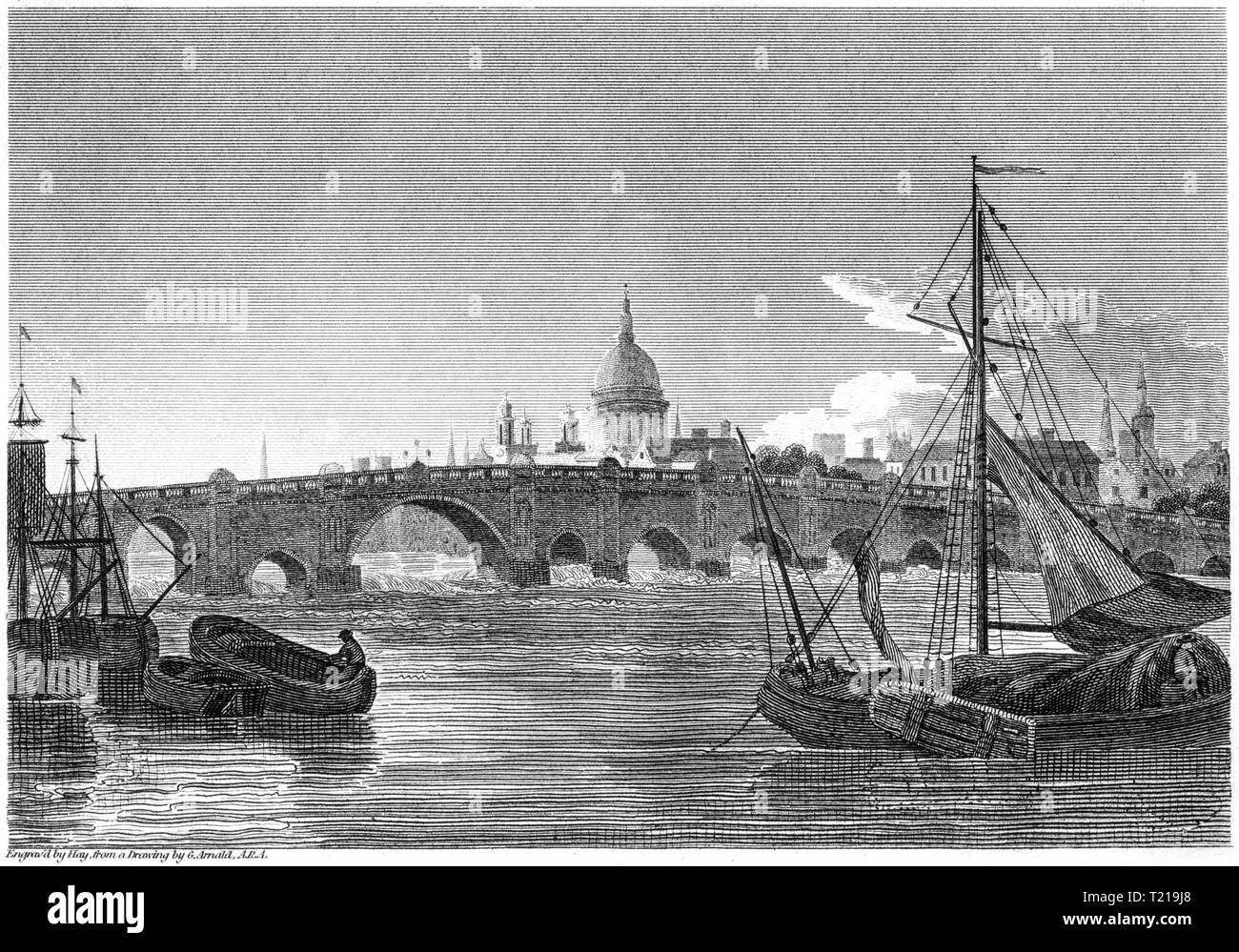 An engraving of London Bridge, London UK scanned at high resolution from a book published in 1814. Believed copyright free. Stock Photo