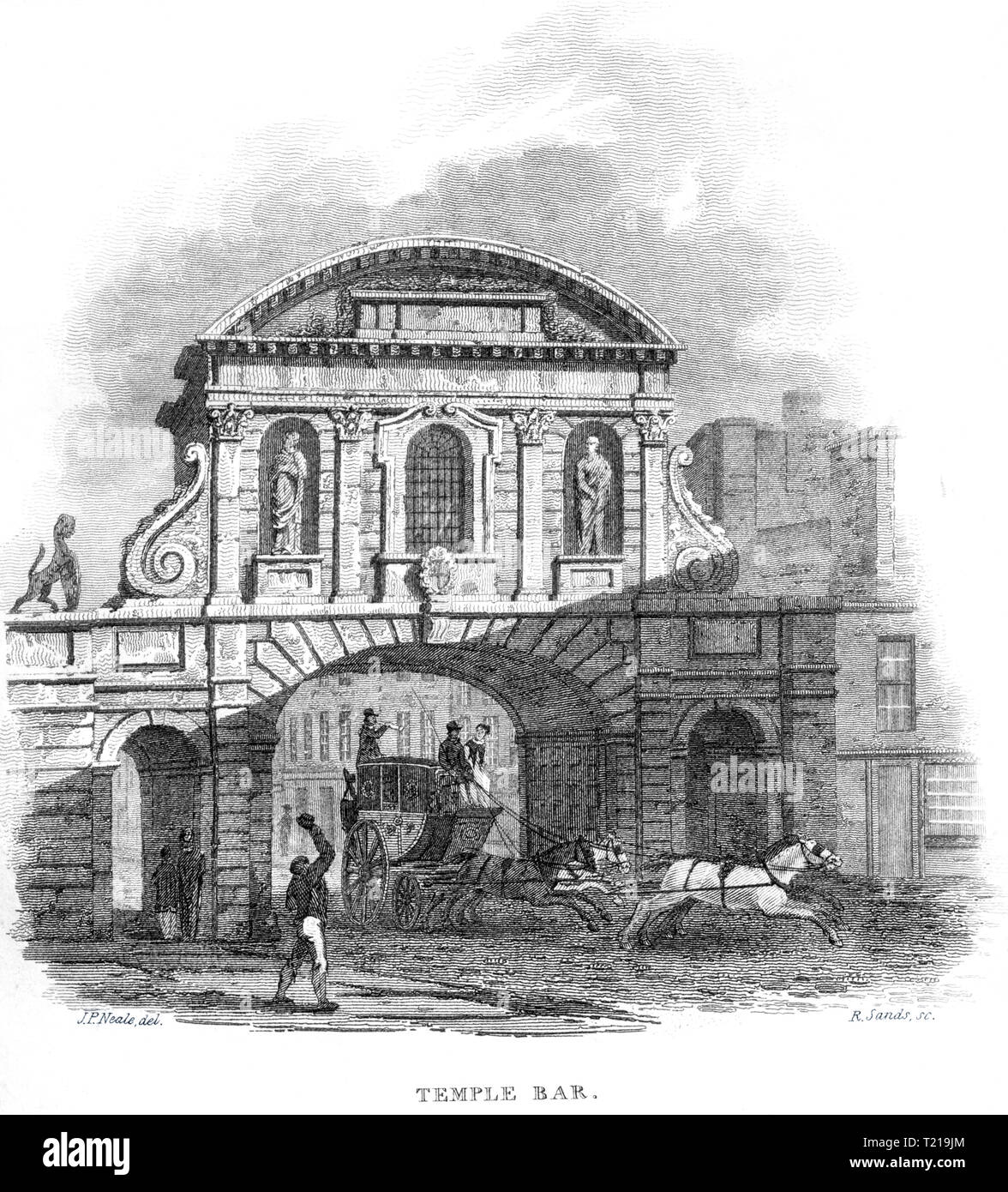 An engraving of Temple Bar,  London UK scanned at high resolution from a book published in 1814. Believed copyright free. Stock Photo