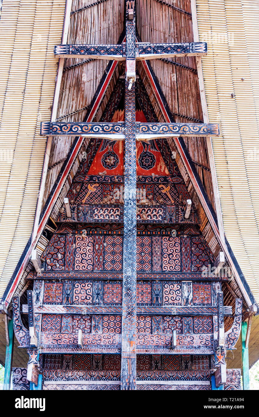 Asia, Southeast Asia, Indonesia, Sulawesi, Tana Toraja. Detail of the gable on a typical Torajan house or Tongkonan Stock Photo