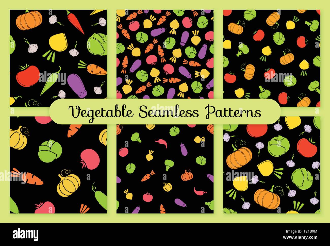 Outline seamless vegetable background set vector flat illustration. Seamless texture black background design with tomato, eggplant, cabbage and carrot, turnip vegetable silhouette in natural colors Stock Vector