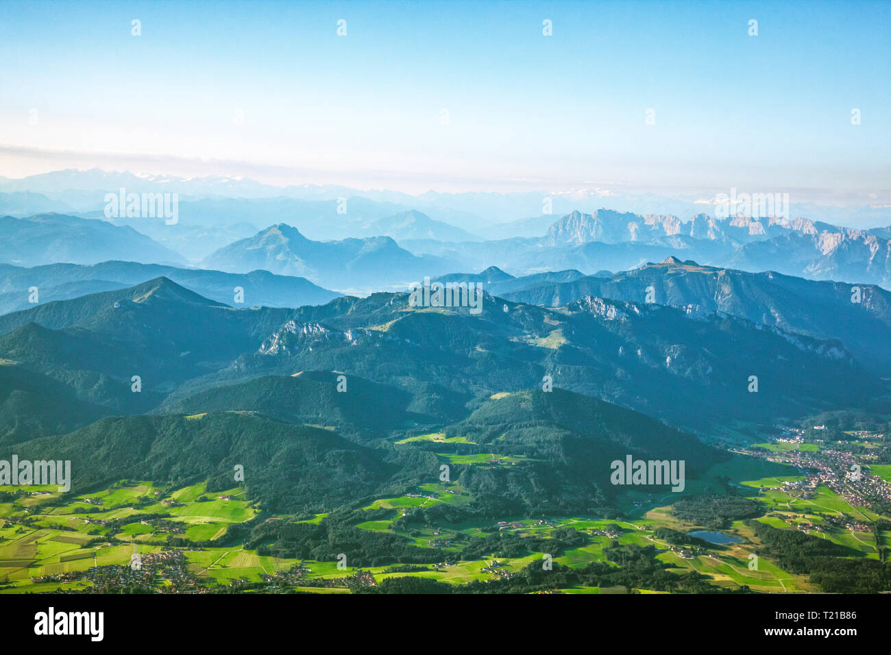 Germany, Bavaria, Chiemgau, Prien, Aerial view of Alps, Kampenwand in the foreground, Kaiser Mountains in the background Stock Photo