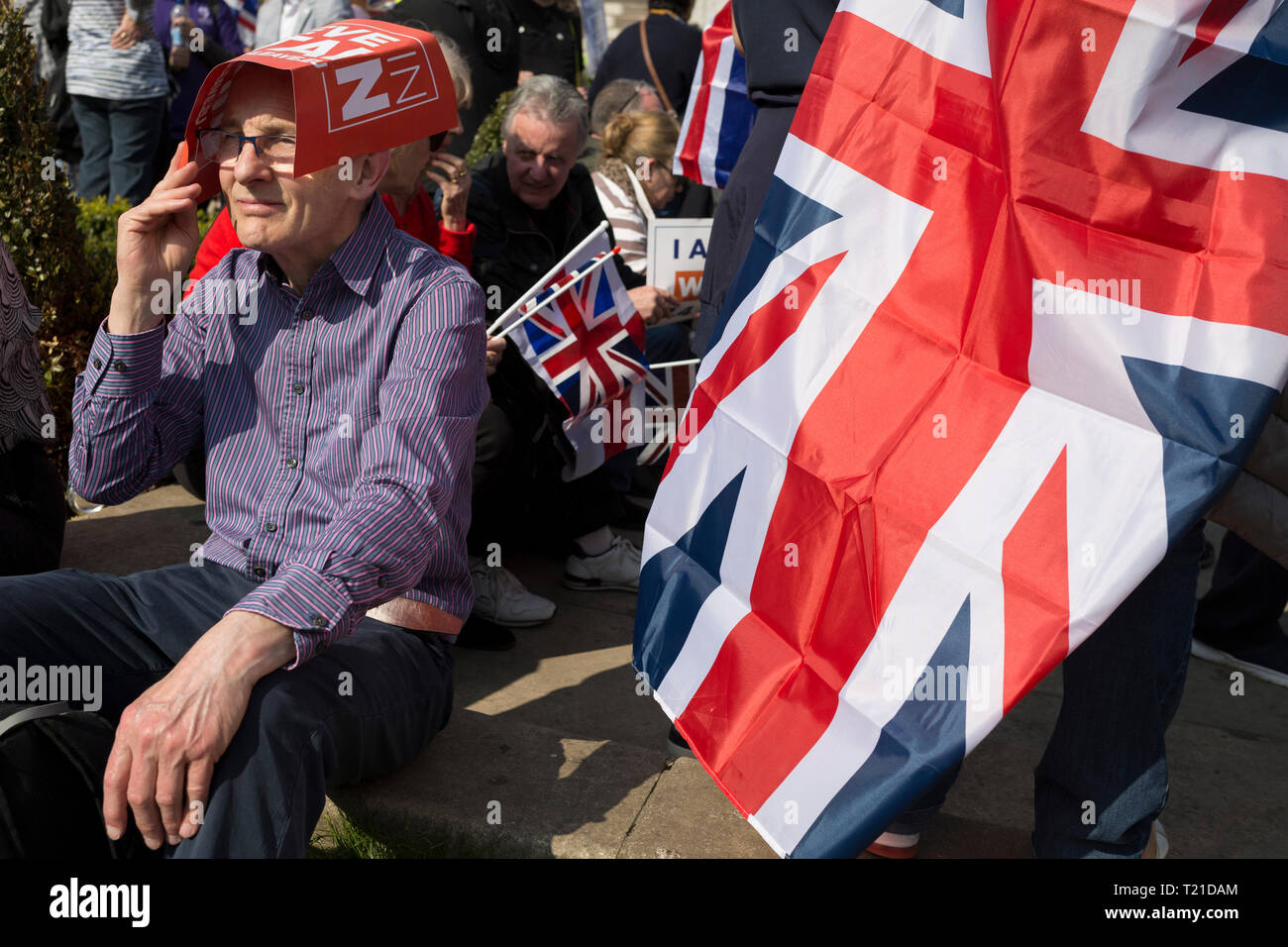 London, UK. 29th Mar, 2019. On the day that the UK was originally scheduled to leave the EU Prime Minister Theresa May also suffered her third vote defeat (for the EU withdrawal agreement), bringing a No Deal Brexit ever closer and Leave Brexiteers protest outside parliament in Westminster, in London, England. Photo by Richard Baker/Alamy Live News. Stock Photo