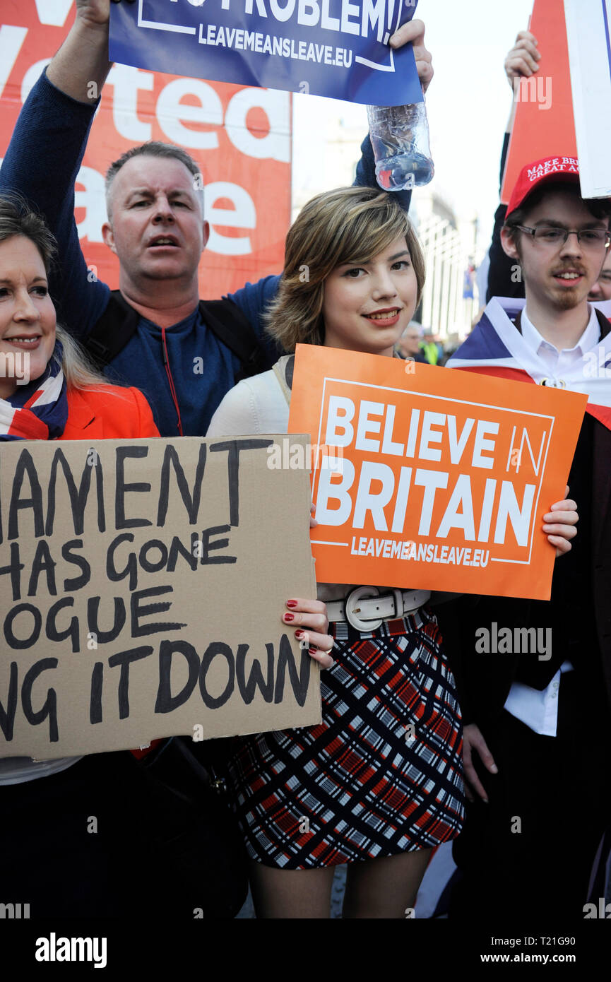 London, UK. 29th Mar, 2019. Owen Reed, Beatrice Grant & Alice Grant. Crowd in Parliament Square as the Prime Minister's latest bid to get a withdrawal agreement through the Commons was lost by 58 votes this afternoon. Credit: JOHNNY ARMSTEAD/Alamy Live News Stock Photo
