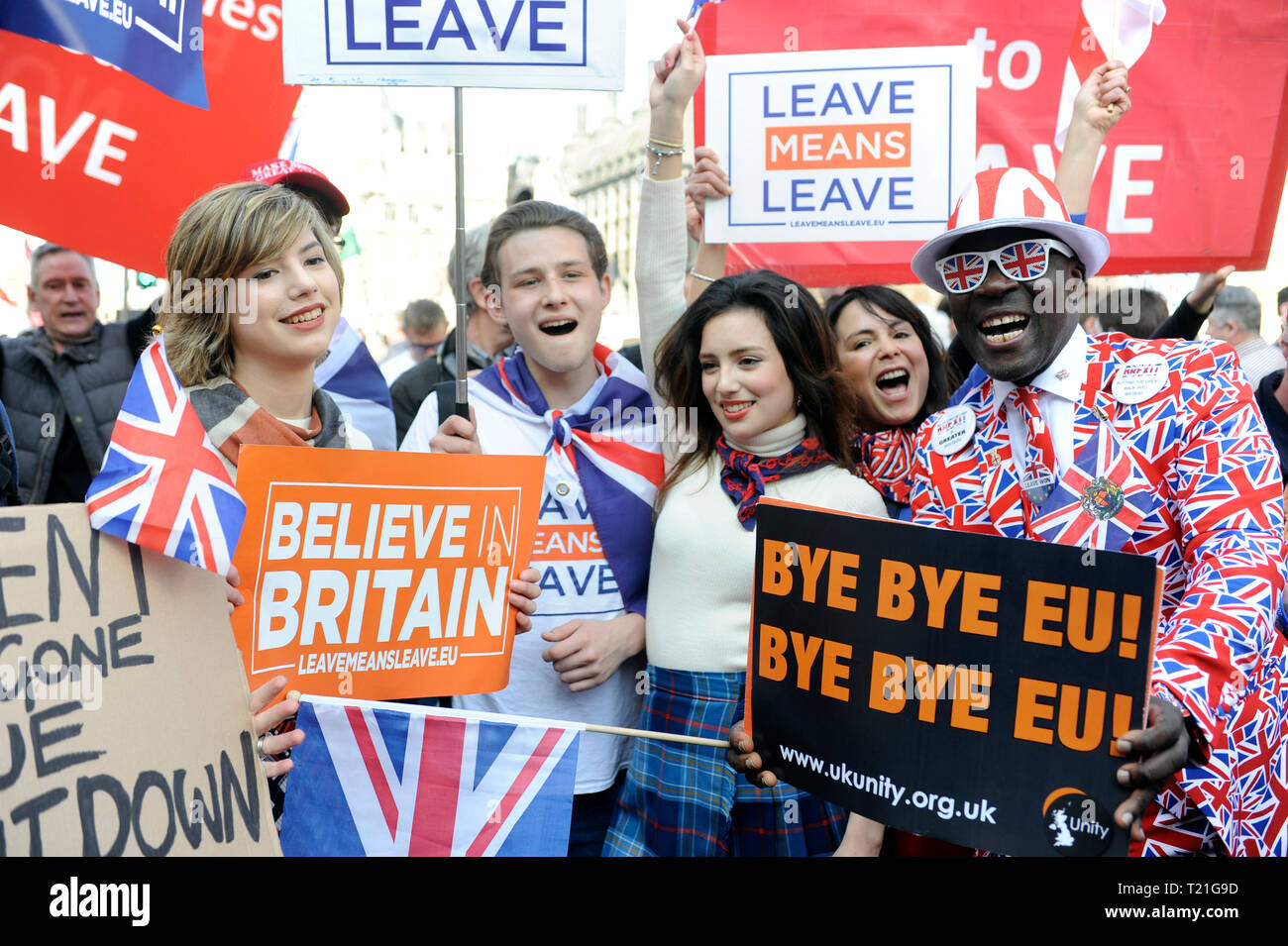 London, UK. 29th Mar, 2019. Owen Reed, Beatrice Grant & Alice Grant. Crowd in Parliament Square as the Prime Minister's latest bid to get a withdrawal agreement through the Commons was lost by 58 votes this afternoon. Credit: JOHNNY ARMSTEAD/Alamy Live News Stock Photo