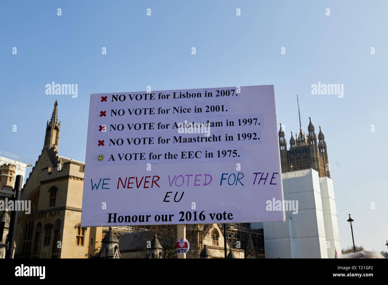 London, UK. - March 29, 2019: A placard held aloft at a demonstration in Parliament Square on the day the UK should have left the EU. Credit: Kevin J. Frost/Alamy Live News Stock Photo