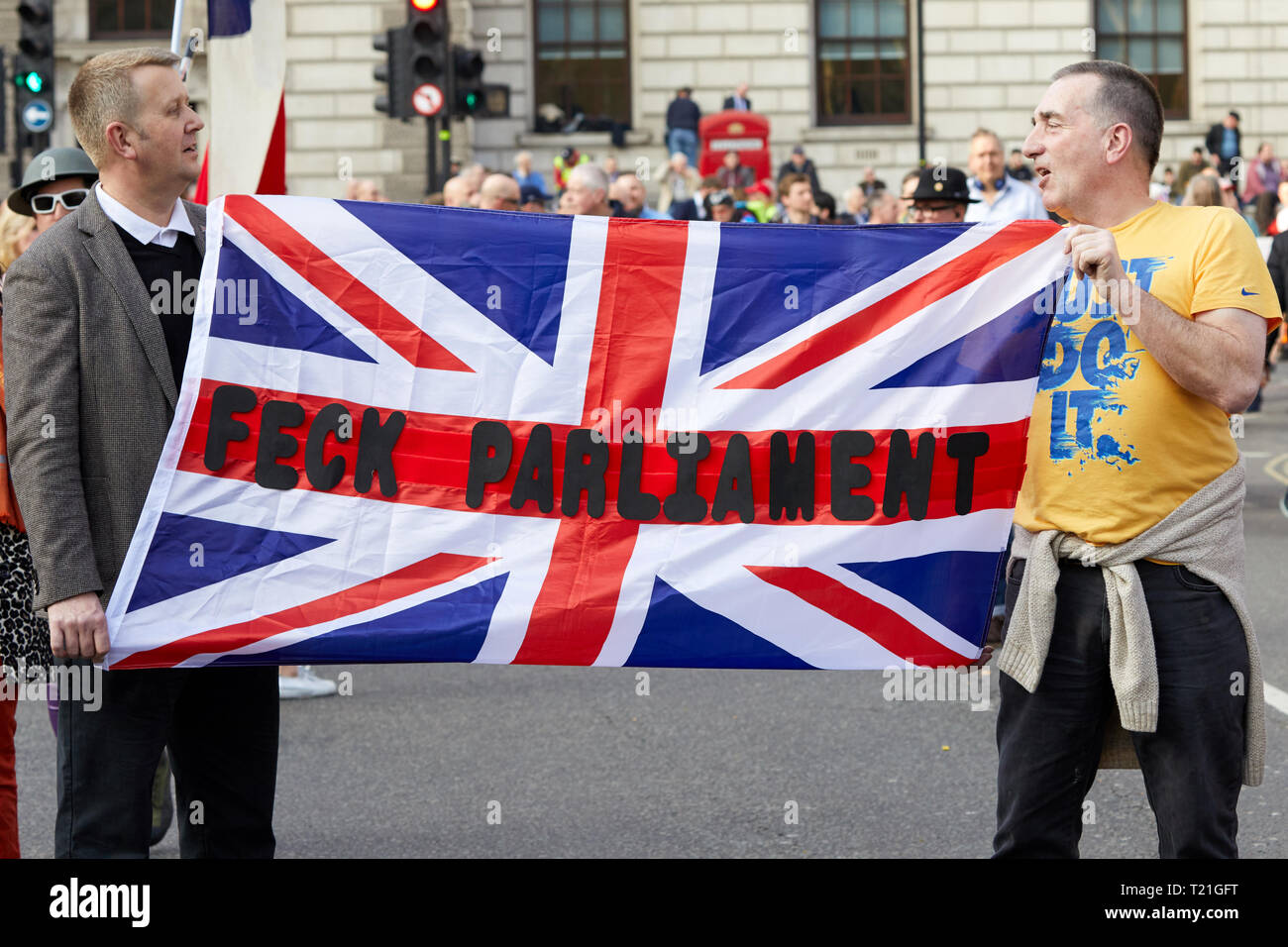 London, UK. - March 29, 2019: A flag and message held at a demonstration in Parliament Square on the day the UK should have left the EU. Credit: Kevin J. Frost/Alamy Live News Stock Photo