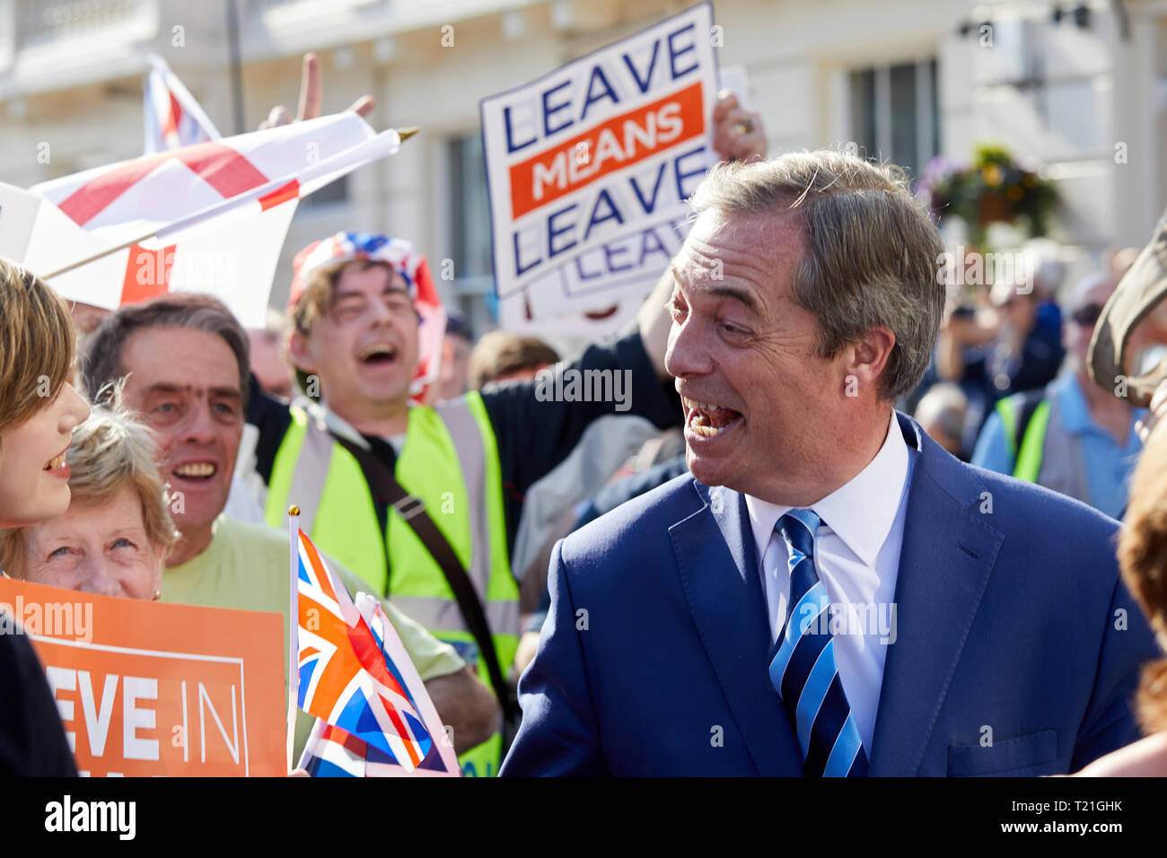London, UK. - March 29, 2019: Nigel Farage greets marchers protesting on the day the UK should have left the EU. Credit: Kevin J. Frost/Alamy Live News Stock Photo