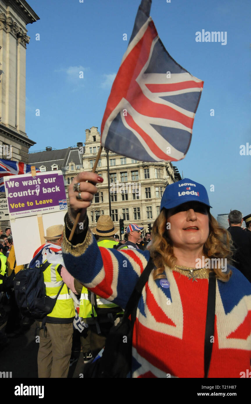 London, UK. 29th Mar, 2019. Brexiteers march to London's Parliament Square, on the day that Britain was meant to leave the EU. Credit: Dario Earl/Alamy Live News Stock Photo