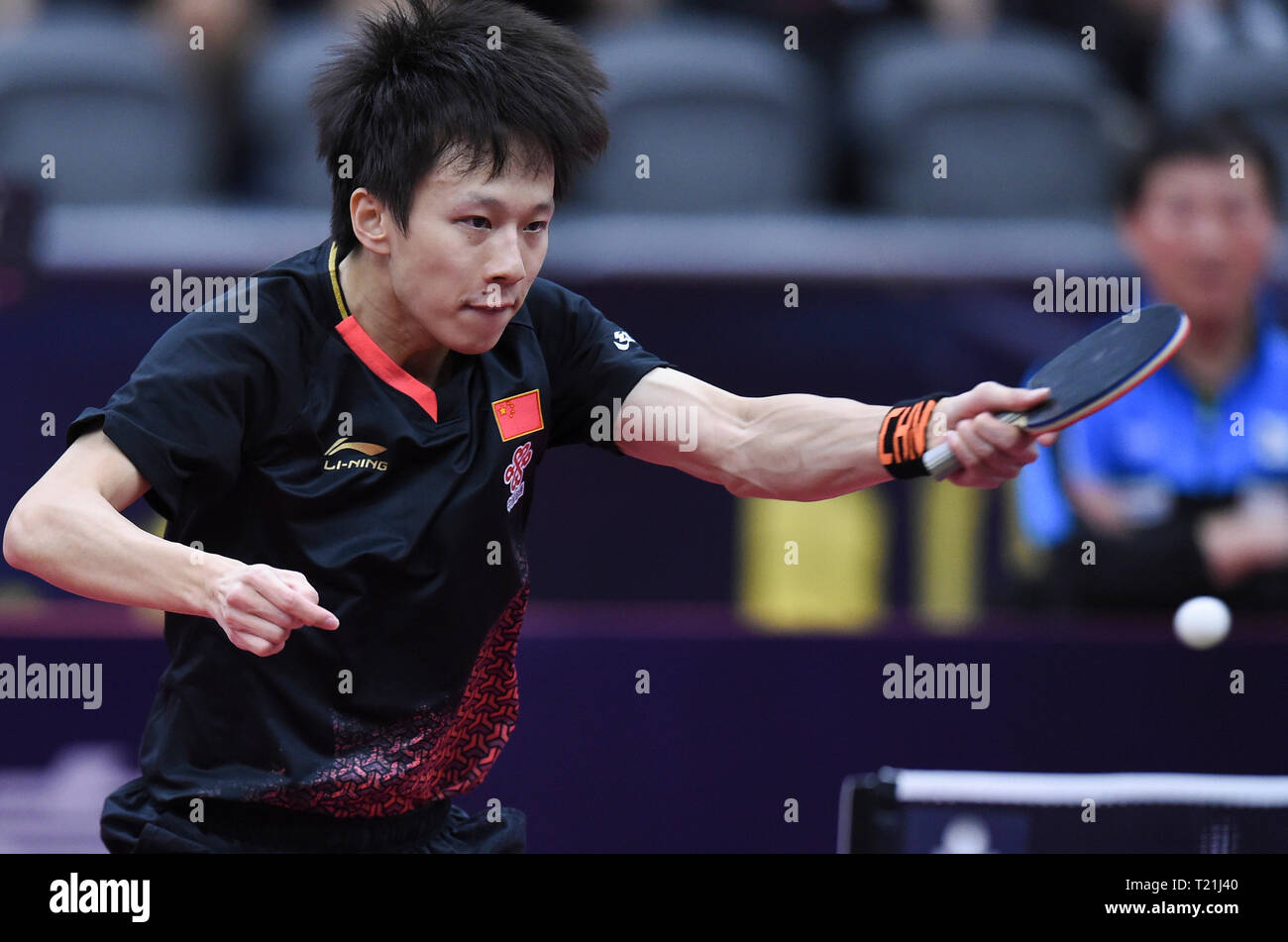 Doha. 29th Mar, 2019. Lin Gaoyuan of China competes during the men's  singles second round match against Jang Woojin of South Korea at ITTF World  Tour Platinum, Qatar Open in the Qatari