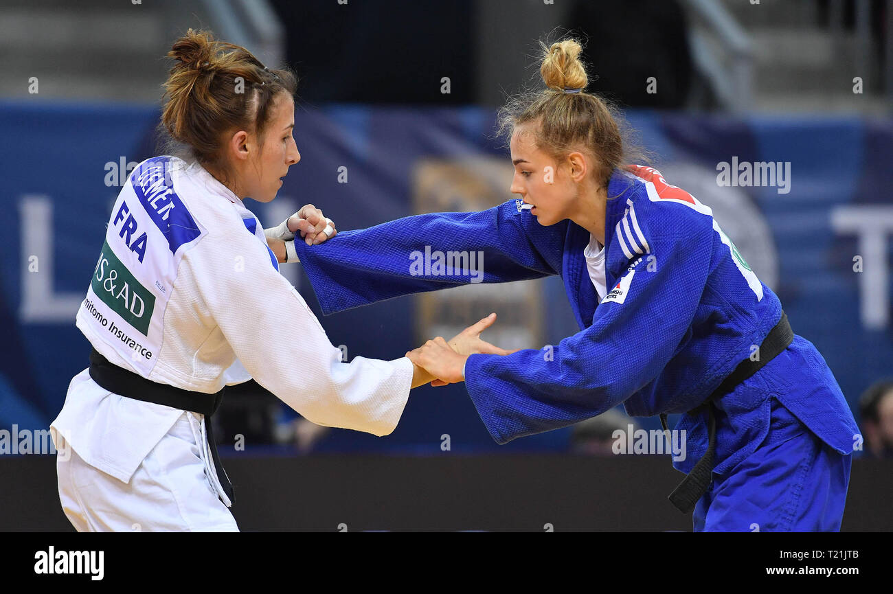 Tbilisi, Georgia. 29th Mar, 2019. Daria Bilodid (R) of Ukraine vies with Melanie Clement of France during the women's 48kg final competition of the 2019 Tbilisi Judo Grand Prix in Tbilisi, Georgia, March 29, 2019. Melanie Clement won the gold medal. Credit: Kulumbegashvili Tamuna/Xinhua/Alamy Live News Stock Photo