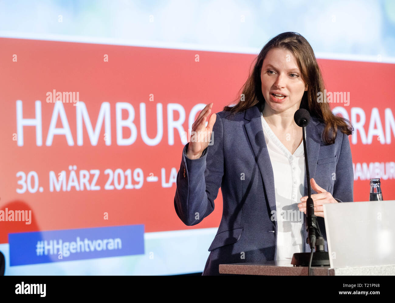 Hamburg, Germany. 30th Mar, 2019. Melanie Leonhard, state chairman of the SPD Hamburg, speaks at the state party conference of her party, which deals with the upcoming election to the districts as well as to the European Parliament. Credit: Markus Scholz/dpa/Alamy Live News Stock Photo