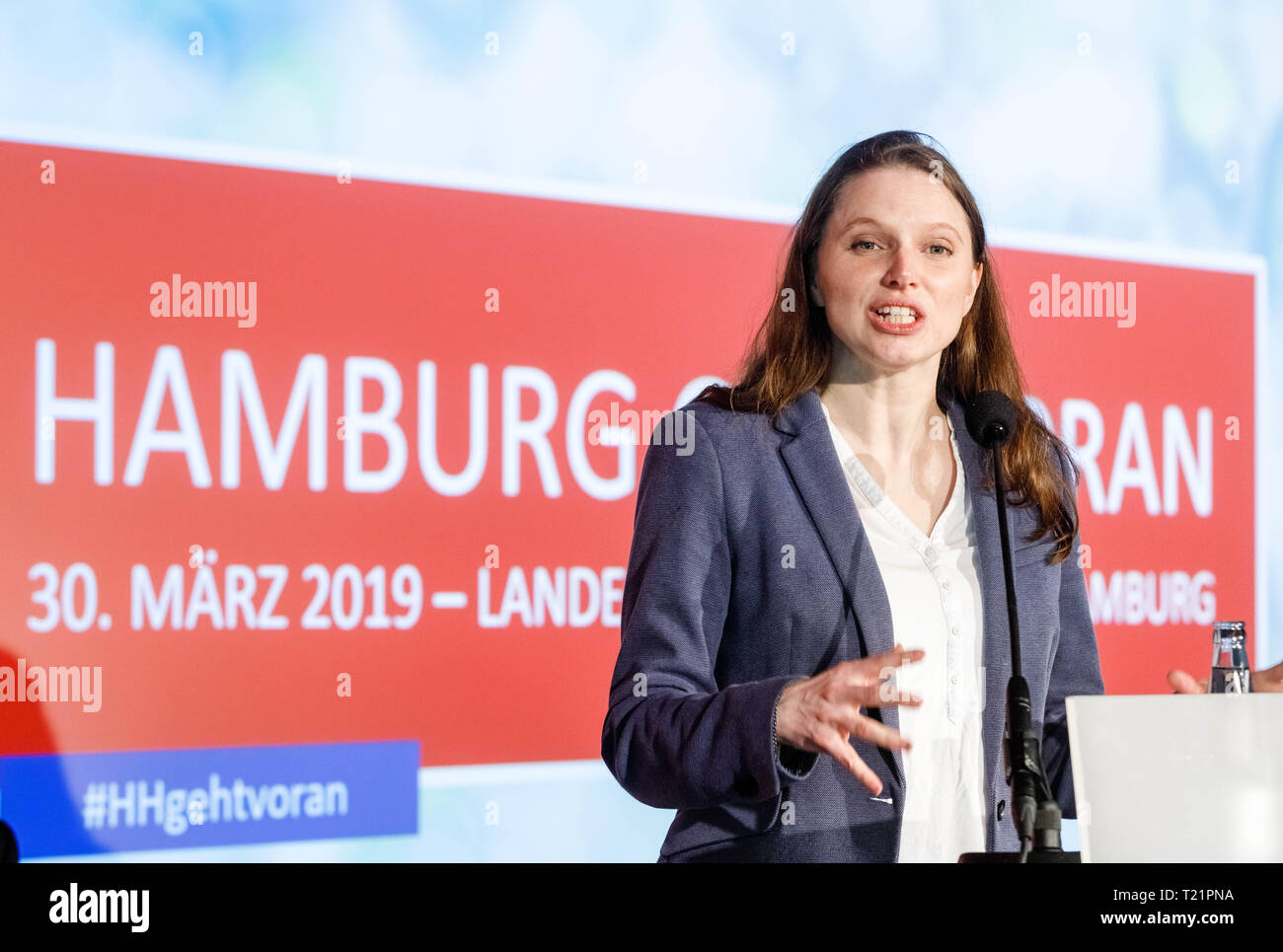 Hamburg, Germany. 30th Mar, 2019. Melanie Leonhard, state chairman of the SPD Hamburg, speaks at the state party conference of her party, which deals with the upcoming election to the districts as well as to the European Parliament. Credit: Markus Scholz/dpa/Alamy Live News Stock Photo