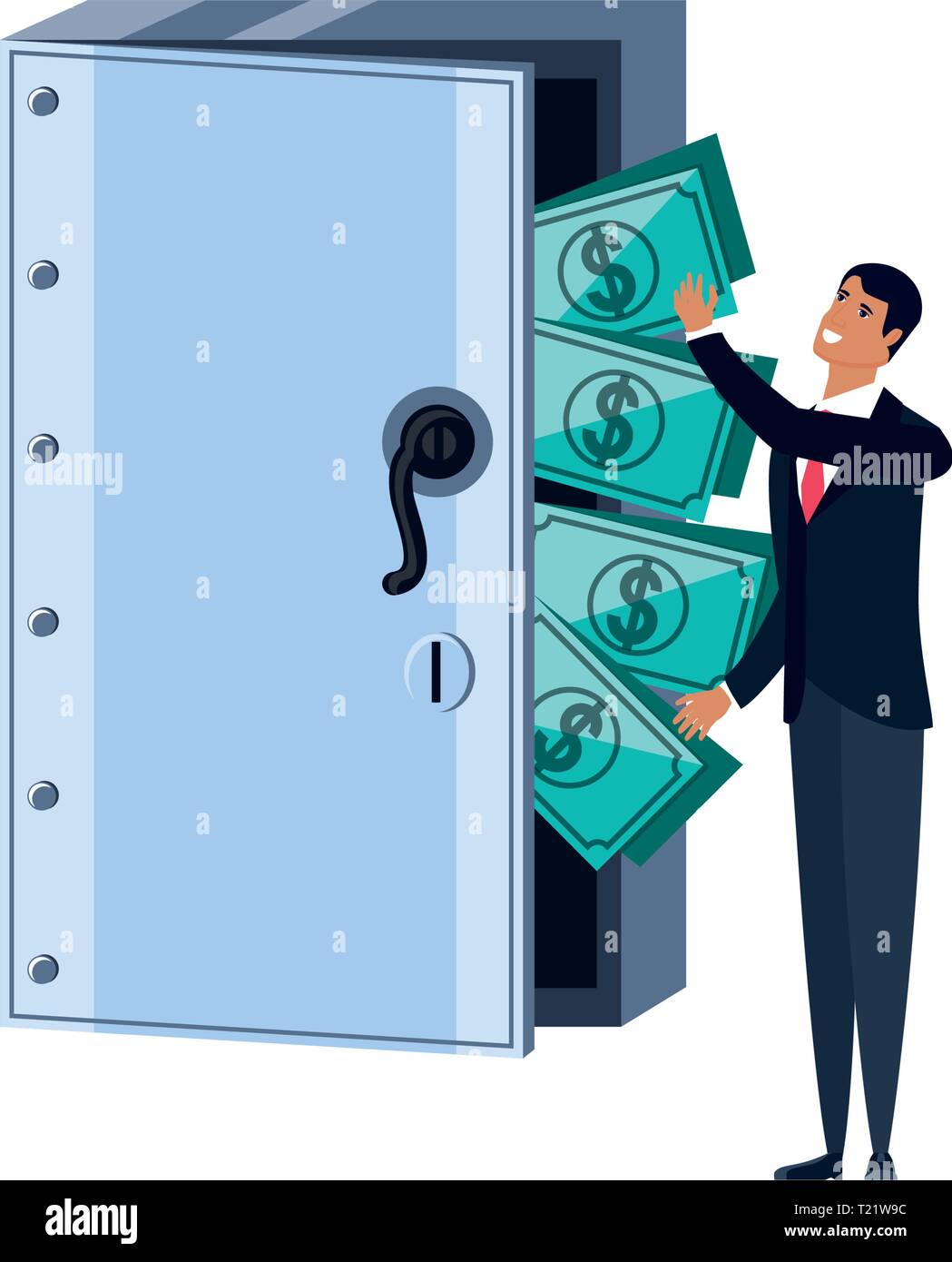 young businessman with safe box door and dollars vector illustration ...