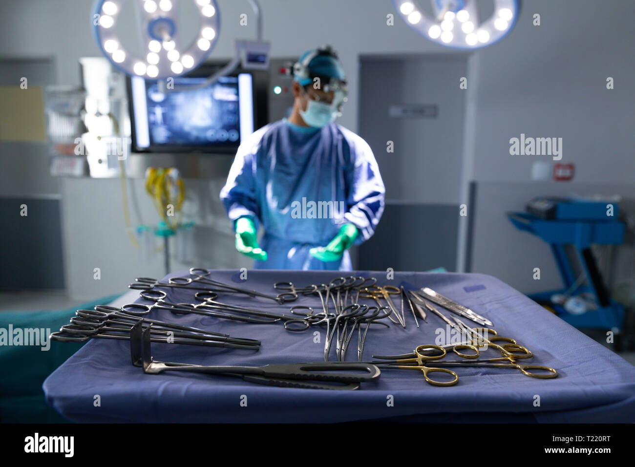 Surgical equipment on an table in operation room Stock Photo