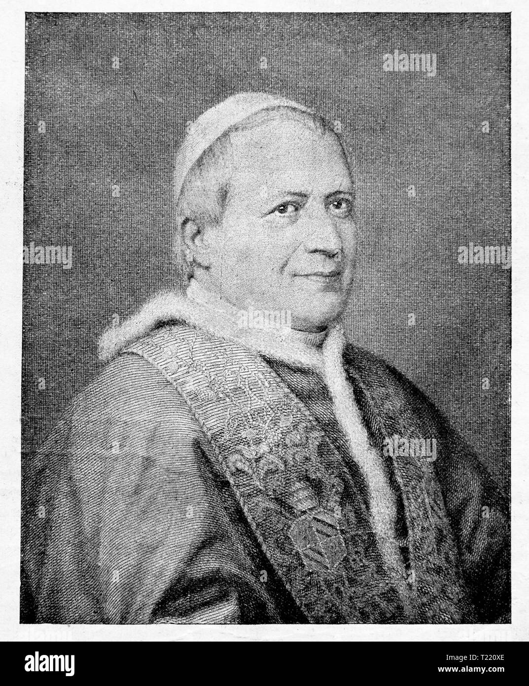 Pope Pius IX , by engraving Kiassey. Digital improved reproduction from Illustrated overview of the life of mankind in the 19th century, 1901 edition, Marx publishing house, St. Petersburg. Stock Photo