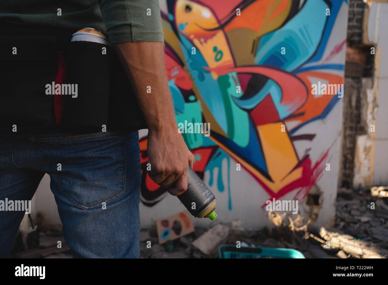 Graffiti artist standing with spray painting at alley Stock Photo - Alamy