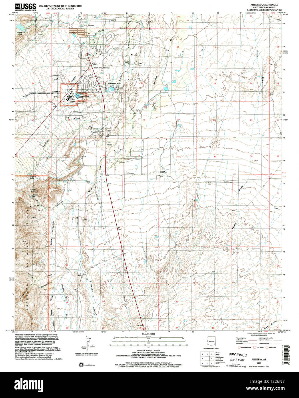 USGS TOPO Map Arizona AZ Artesia 310323 1996 24000 Restoration Stock Photo