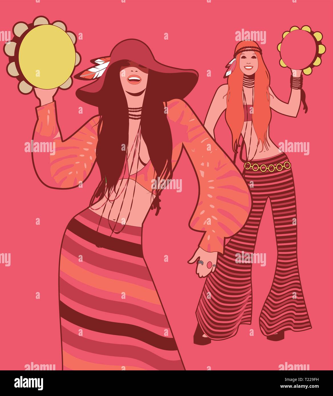 Two girls playing tambourines wearing hippie clothes of the 60s and 70s Stock Vector
