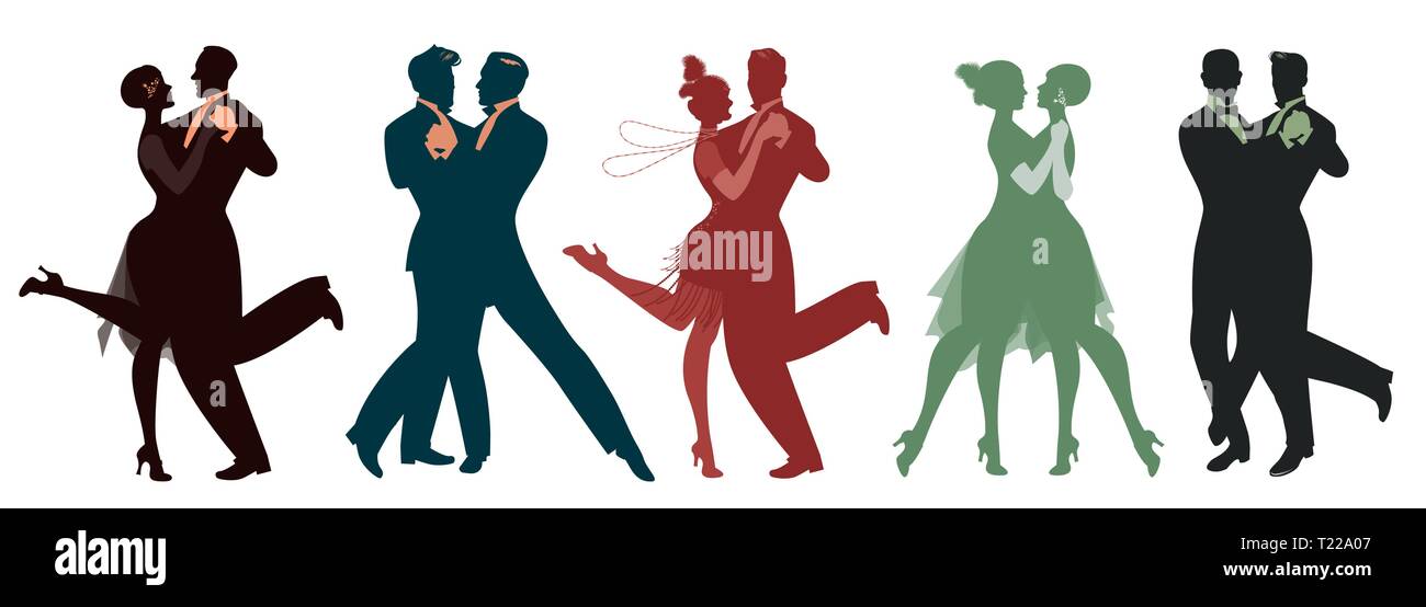 Silhouettes of five couples wearing clothes in the style of the twenties dancing retro music Stock Vector