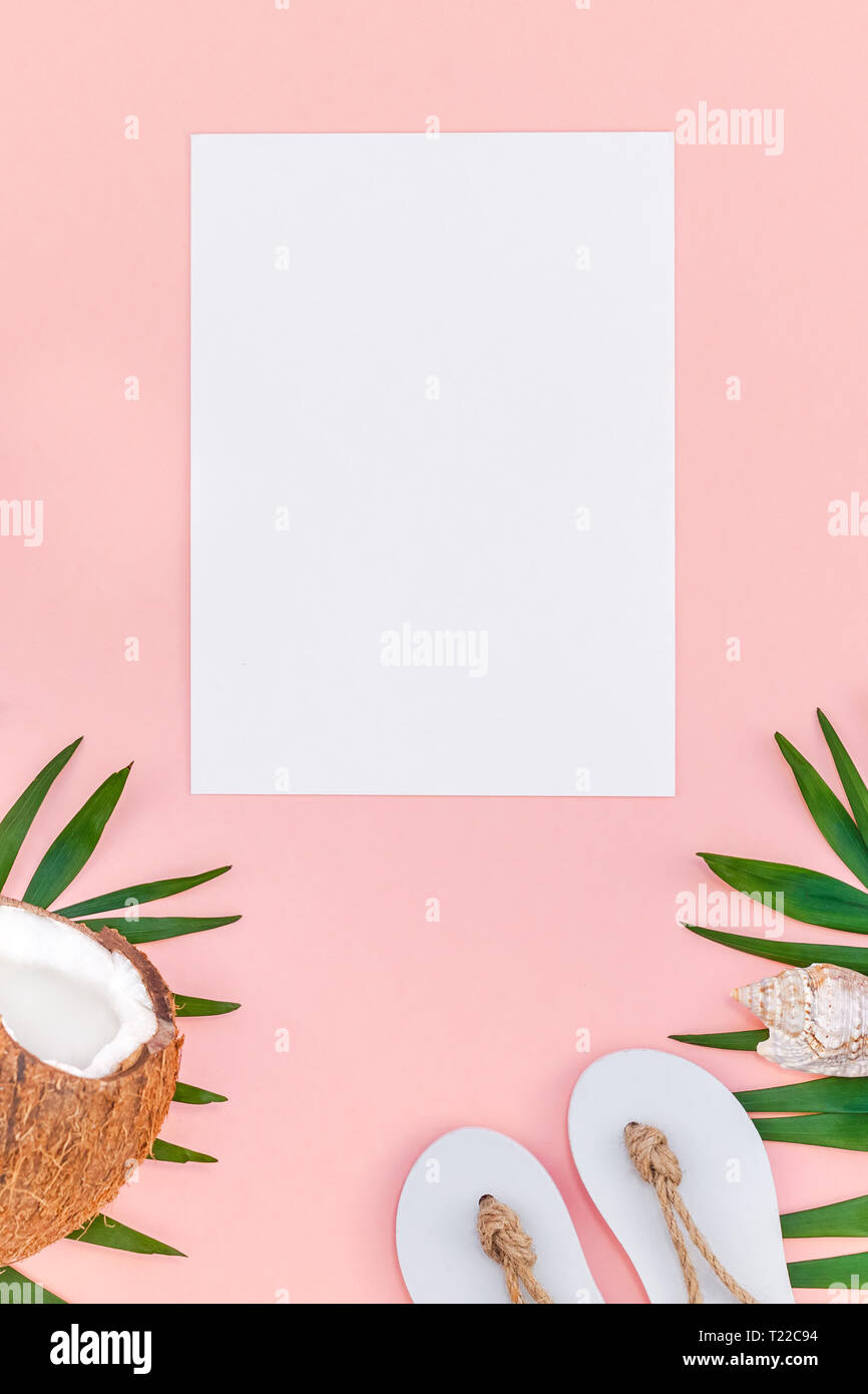 Creative flat lay top view mock up green tropical palm leaves coconuts ...